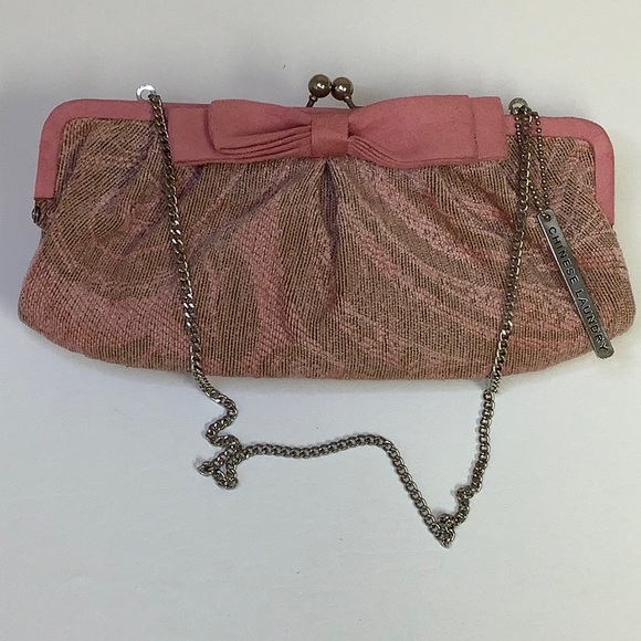 Chinese Laundry Brocade Tapestry Pink Tan Clutch Bow Silver Hardware Chain - Picture 7 of 7